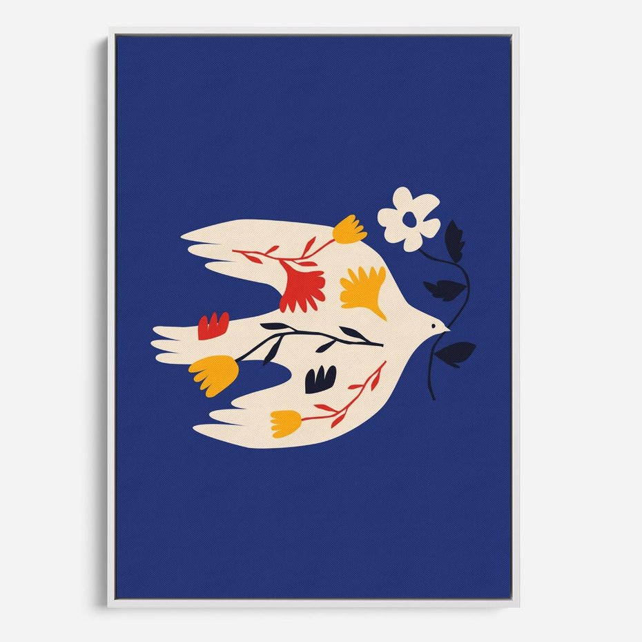 Obraz w ramie 80x120 - Bezczasowy Szept - niebieskie tło, abstrakcyjny biały ptak - rama biała