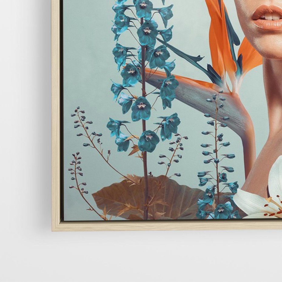 Obraz w ramie 70x50 - Kwiatowa Enklawa Uroku - kolaż, nierealna kompozycja - rama drewno