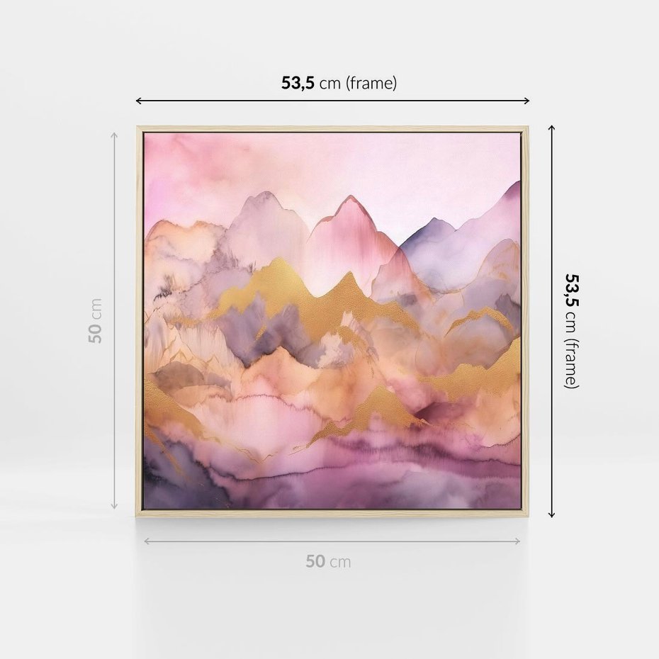 Obraz w ramie 50x50 - Pastelowe Wzgórza - pastelowe, różowe góry - rama drewno