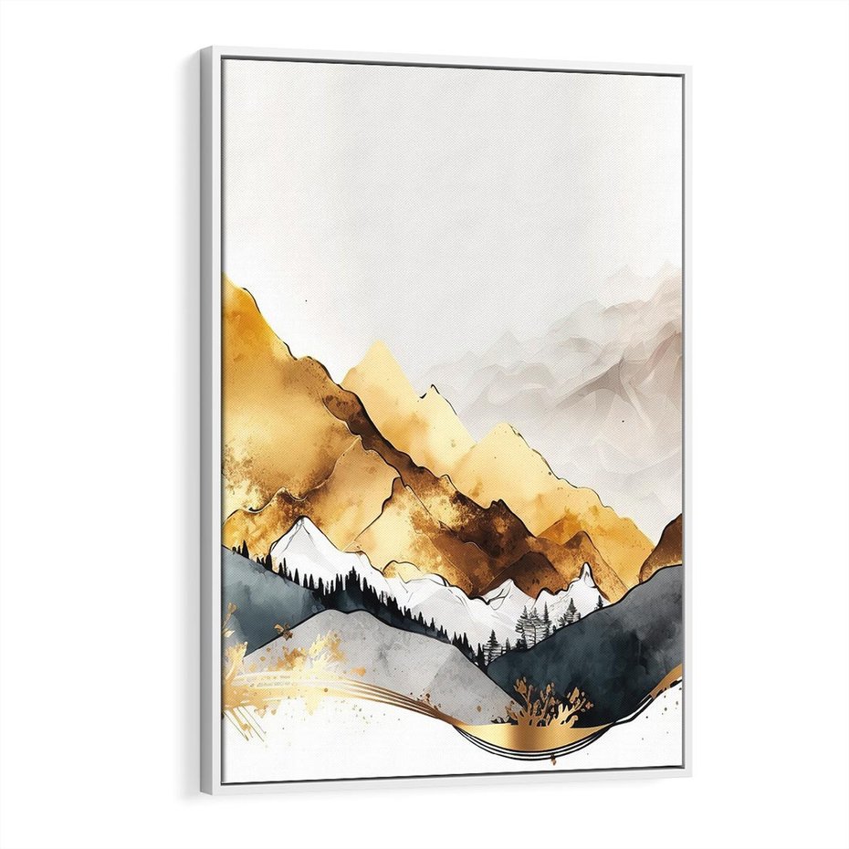 Obraz w ramie 50x70 - Złote Góry - akwarela, graficzne góry - rama biała