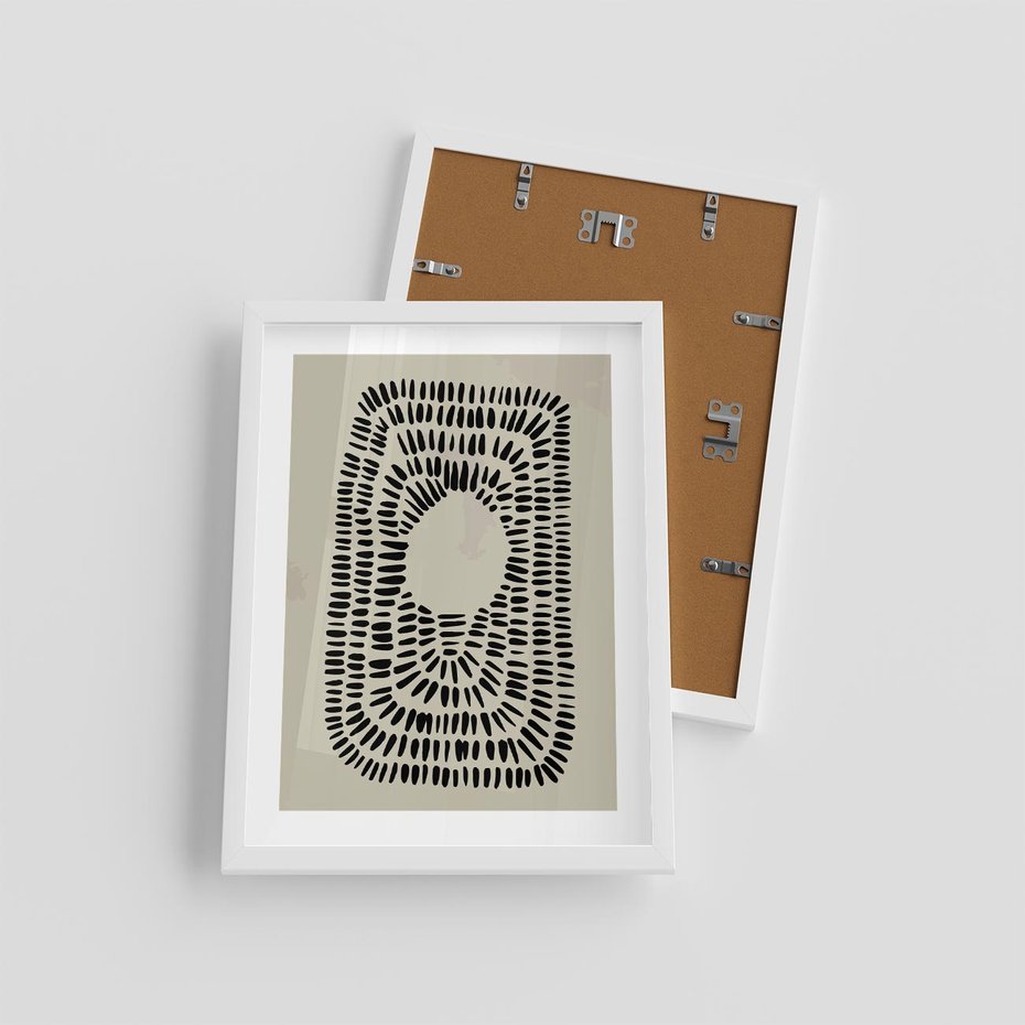 Plakat w ramie 30x40 - Zaklęte Wnętrza - boho plakat, czarne kropki kreski - rama biała