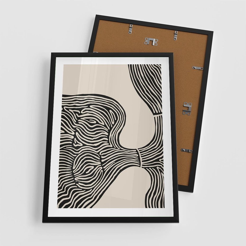 Plakat w ramie 50x70 - Harmonijne Kształty - abstrakcyjne ryciny, czarno biały - rama czarna