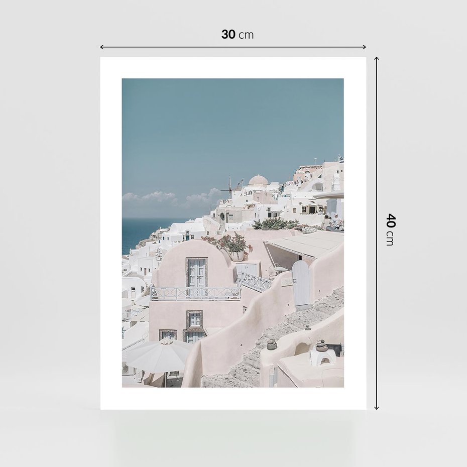Plakat bez ramy 30x40 - Śródziemnomorski Urok - zdjęcie Santorini, białe budynki