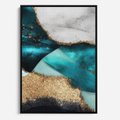 Obraz w ramie 70x100 - Rozlane Turkusy - Turkusowe plamy, złote elementy - rama czarna