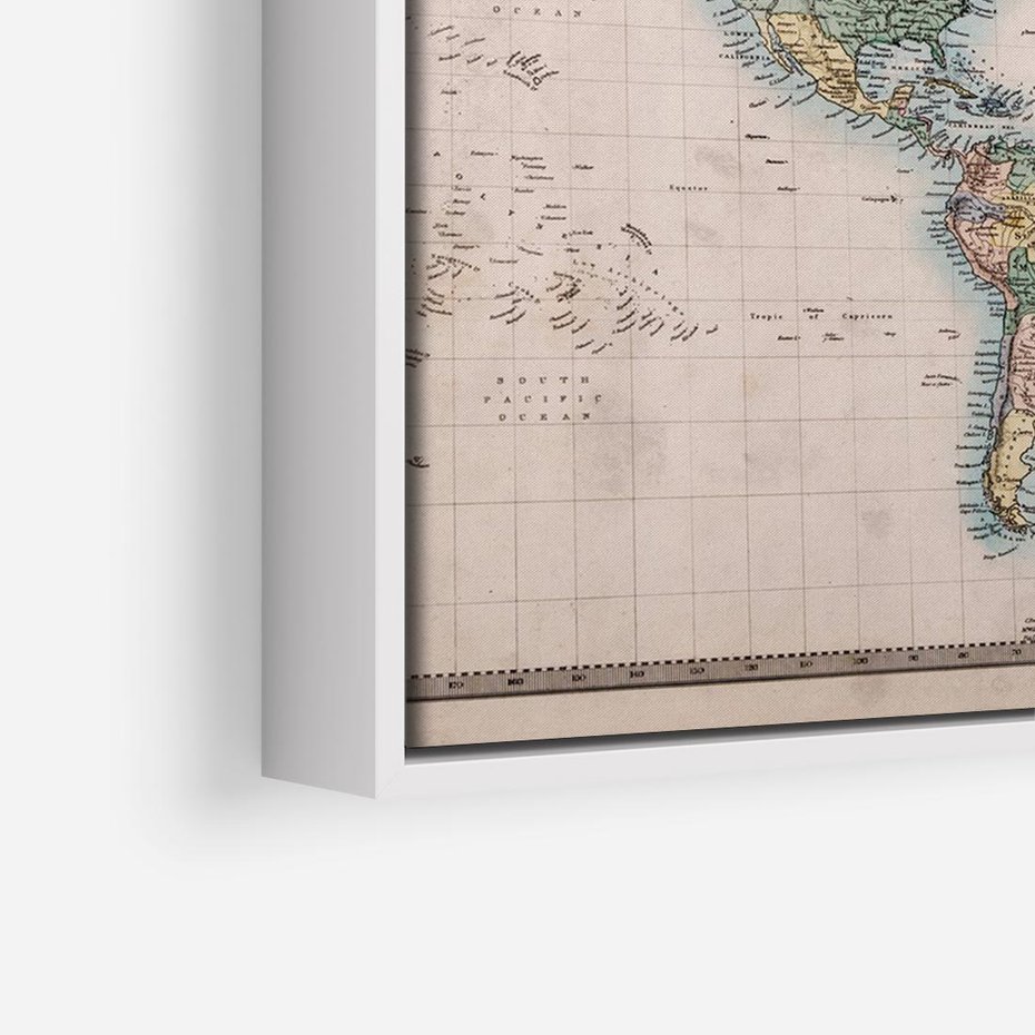 Obraz w ramie 100x70 - Światło Przeszłości - retro mapa świata, mapa - rama biała