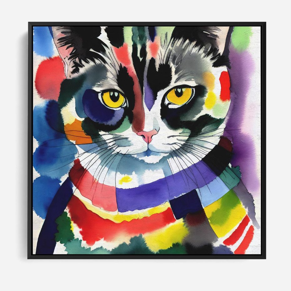 Obraz w ramie 50x50 - Koci Przyjaciel - abstrakcyjny obraz, akwarela - rama czarna