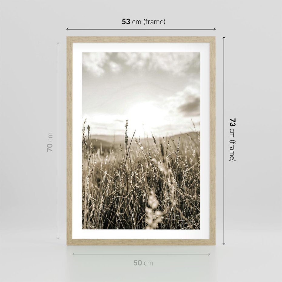 Plakat w ramie 50x70 - Łąka w Klimacie Sepii - suche trawy, łąka - rama drewno