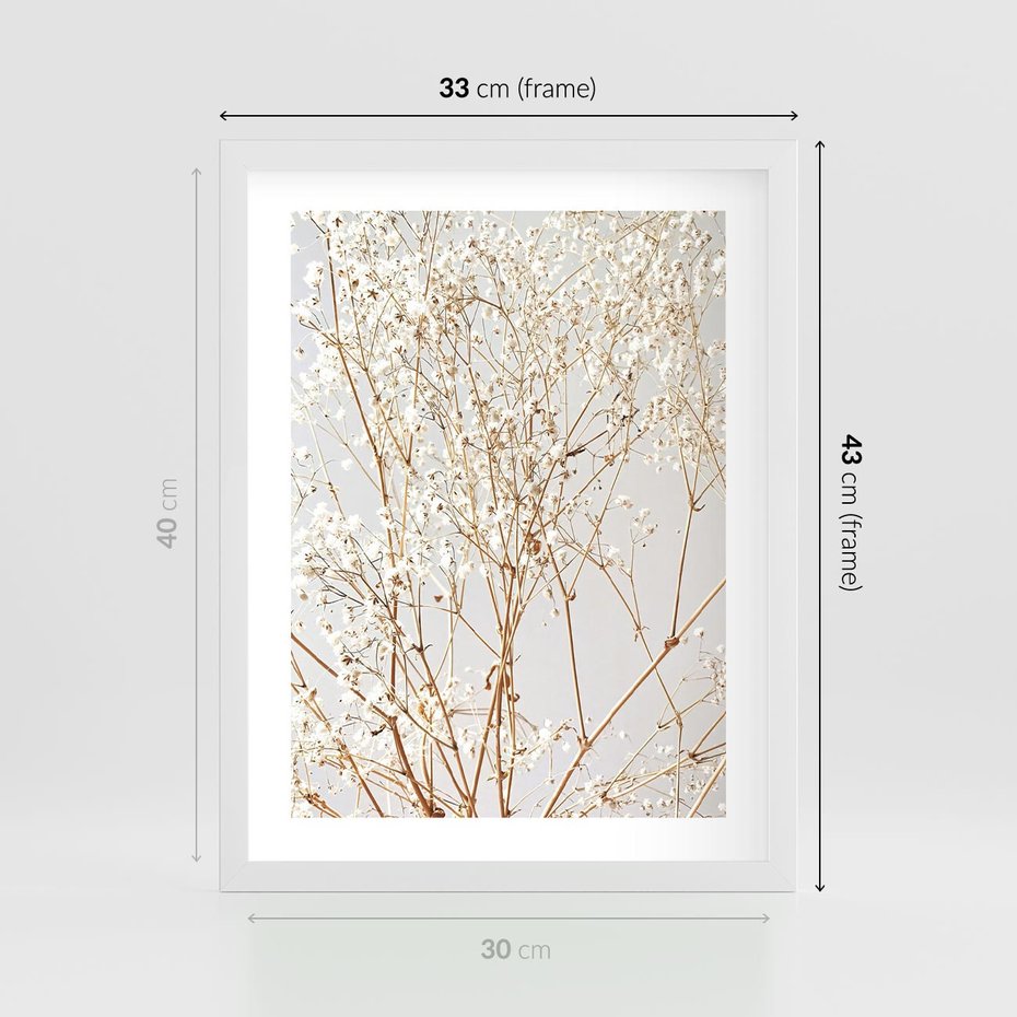 Plakat w ramie 30x40 - Minimalistyczna Delikatność - białe kwiaty, gipsówka - rama biała