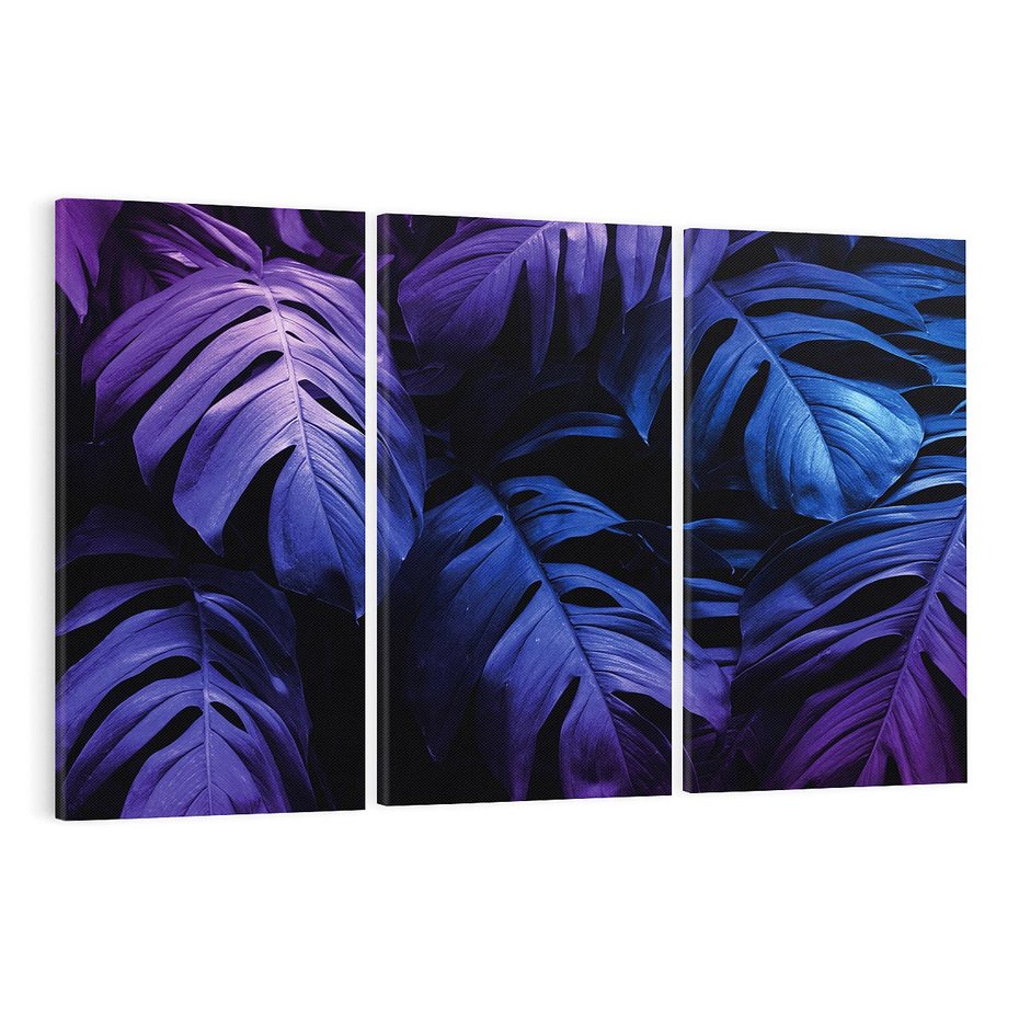 Obraz na płótnie 120x80 - Mroczna Magia Dżungli - mroczna grafika, fioletowe liście monstery na czarnym tle