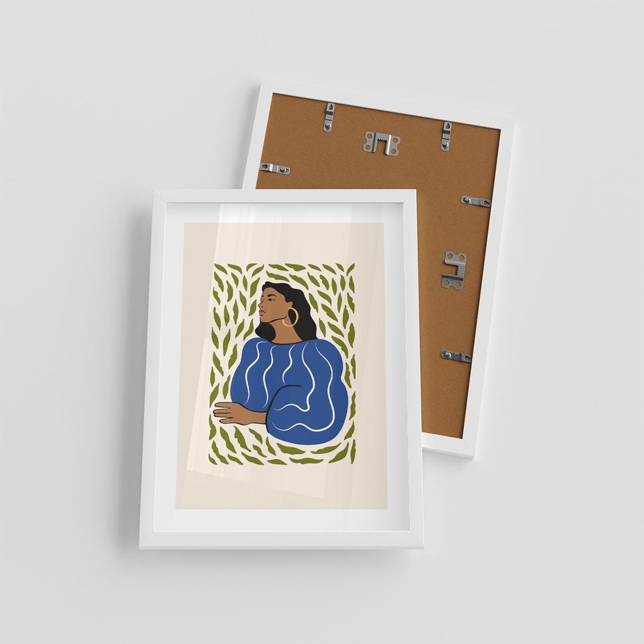 Plakat w ramie 30x40 - Rozbite Barwy - nowoczesny plakat, kobieta otoczona liśćmi - rama biała