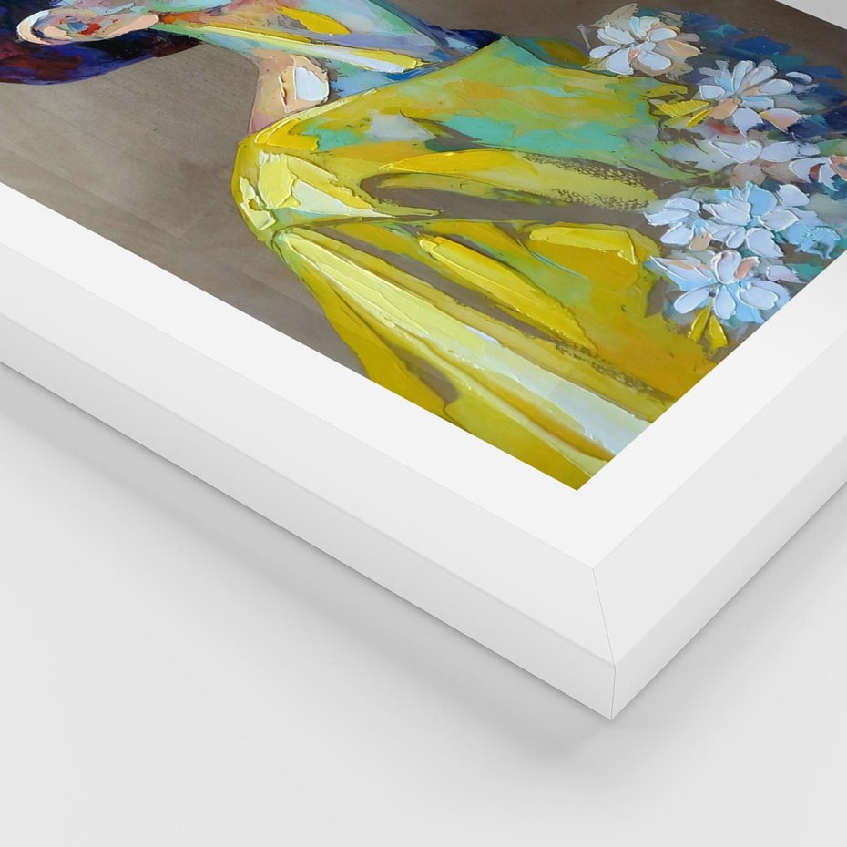 Plakat w ramie 40x50 - W Żółtej Sukience - olejny abstrakcyjny obraz, portret kobiety w żółtej sukience - rama biała