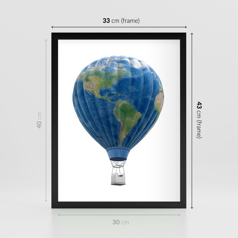 Plakat w ramie 30x40 - Podróżniczy balon nad ziemią - balon, ziemia - rama czarna