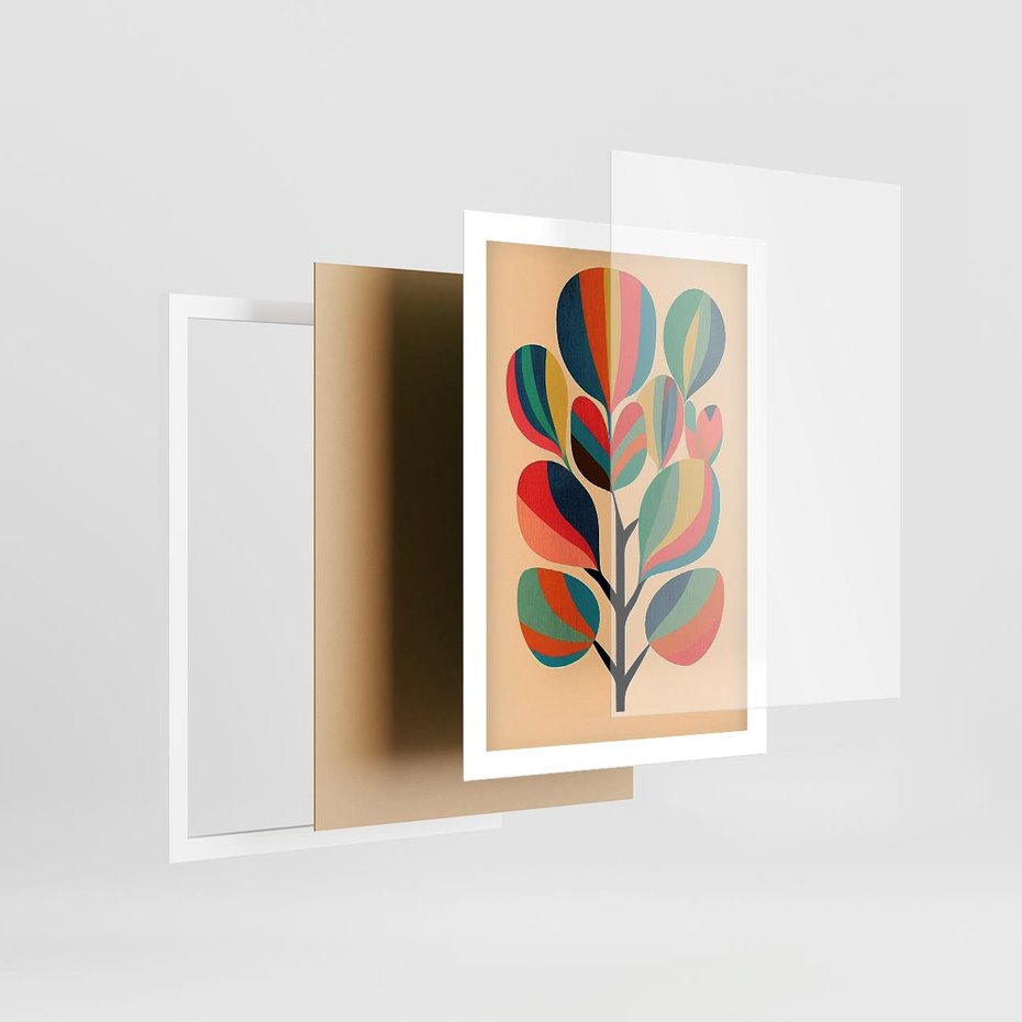 Plakat w ramie 50x70 - Harmonia Rozplątanych Form - abstrakcyjny kolorowy tęczowy obraz, inspiracje roślinne - rama biała