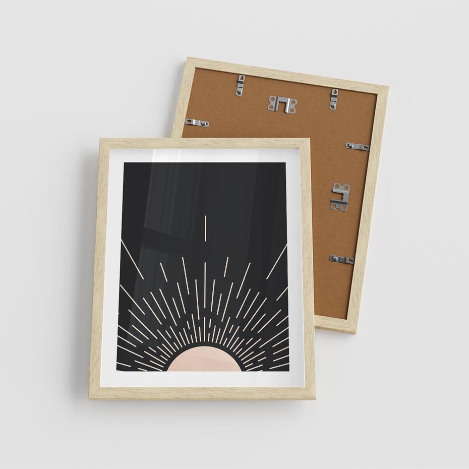 Plakat w ramie 40x50 - Słoneczny Portret Duszy - boho czarne słońce, nowoczesna grafika - rama drewno