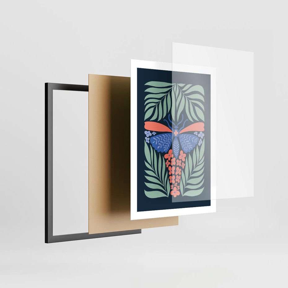 Plakat w ramie 50x70 - Granatowa Noc - granatowe tło, abstrajcyjna ćma - rama czarna