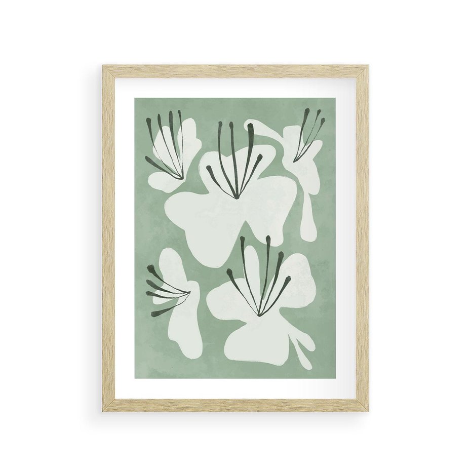 Plakat w ramie 30x40 - Rozkwitające Ukojenie - zgaszona zieleń, kwiaty - rama drewno