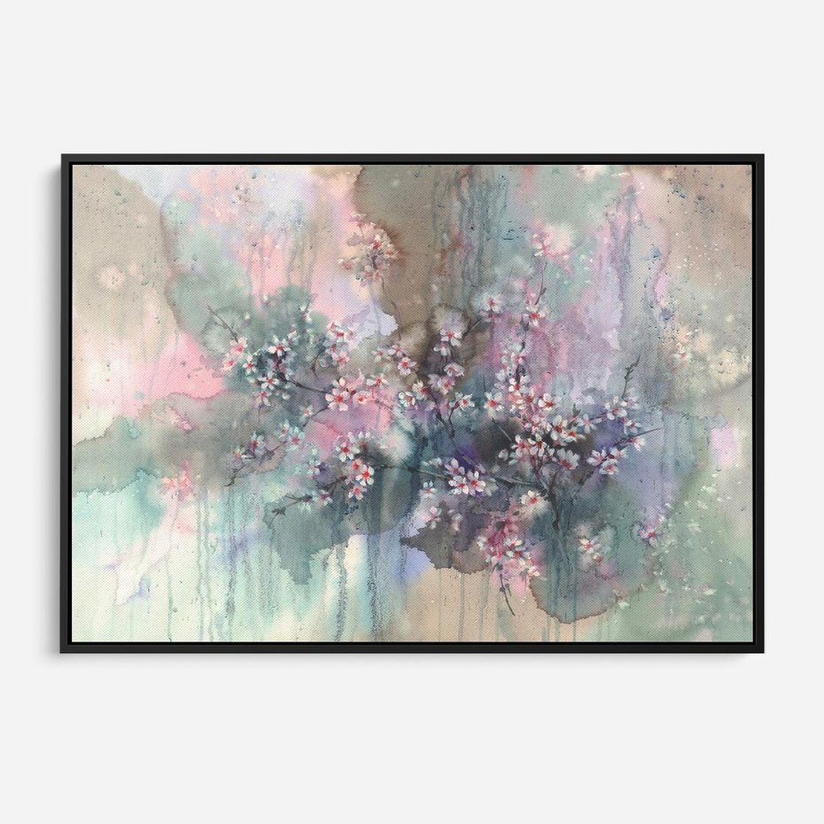 Obraz w ramie 100x70 - Efemeryczne Kwitnienie Drzew - akwarela, rozmyte pastelowe tłó - rama czarna