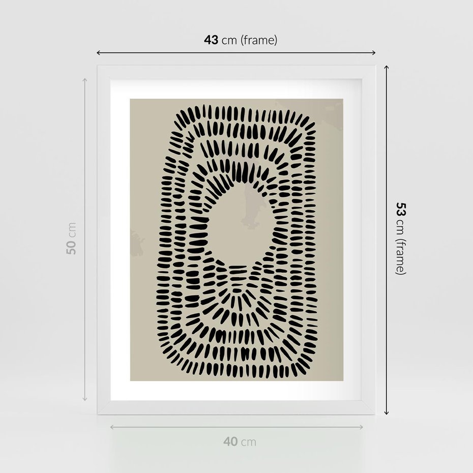Plakat w ramie 40x50 - Zaklęte Wnętrza - boho plakat, czarne kropki kreski - rama biała