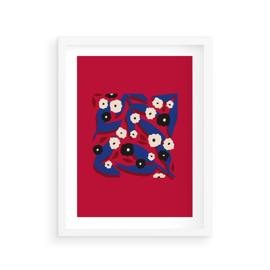 Plakat w ramie 30x40 - Kolorowe Przenikanie - abstrakcyjna kwiatowa kompozycja, czerwone mocne tło - rama biała