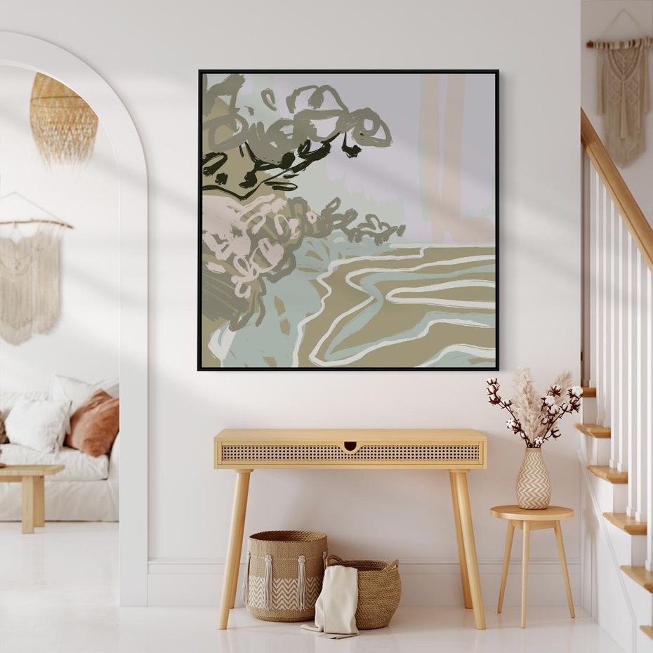 Obraz w ramie 50x50 - Wizja Przestrzeni - pastelowy krajobraz, nowoczesny plakat - rama czarna