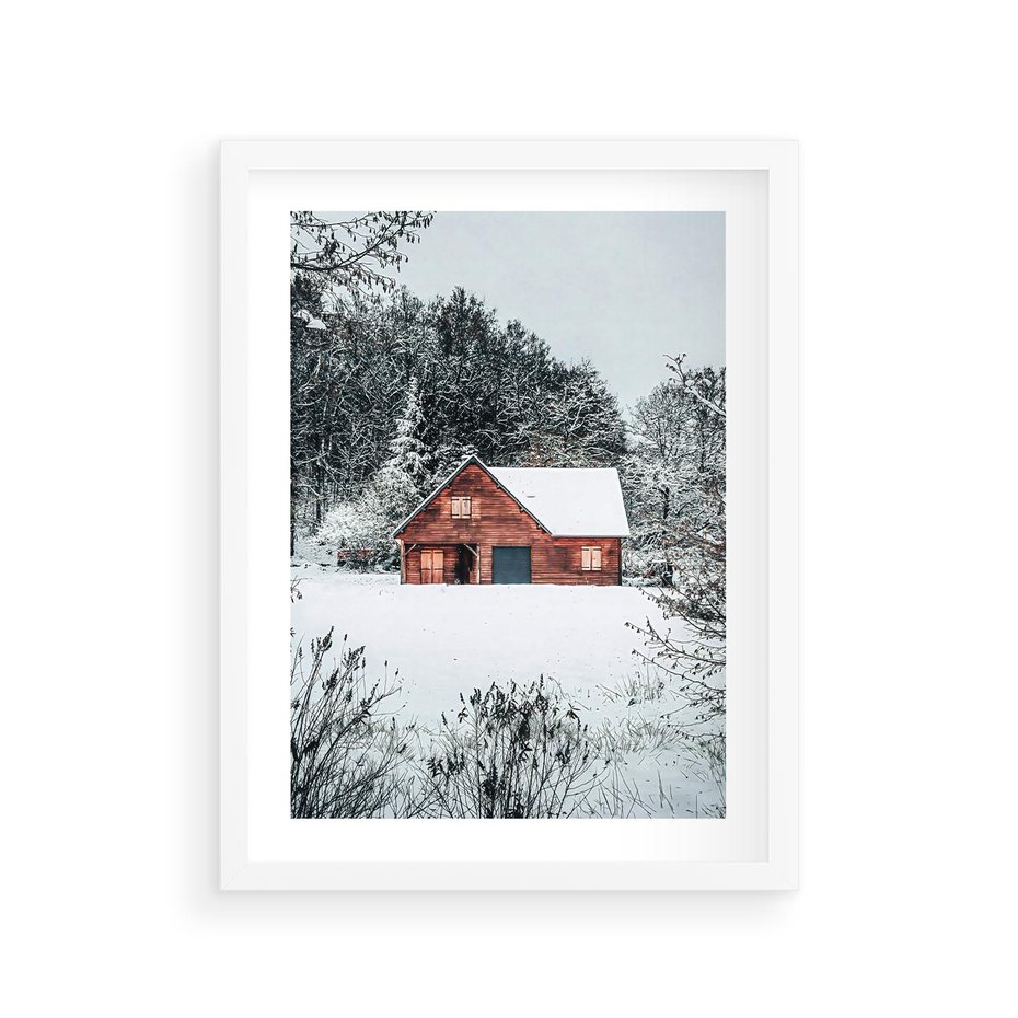 Plakat w ramie 30x40 - Domek w Górach Pokryty Śniegiem - domek w górach, śnieg - rama biała