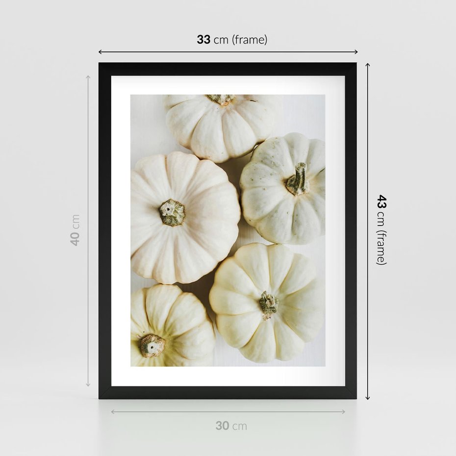 Plakat w ramie 30x40 - Jesienne Dynie: Delikatna Kompozycja - białe dynie, jasna kompozycja - rama czarna