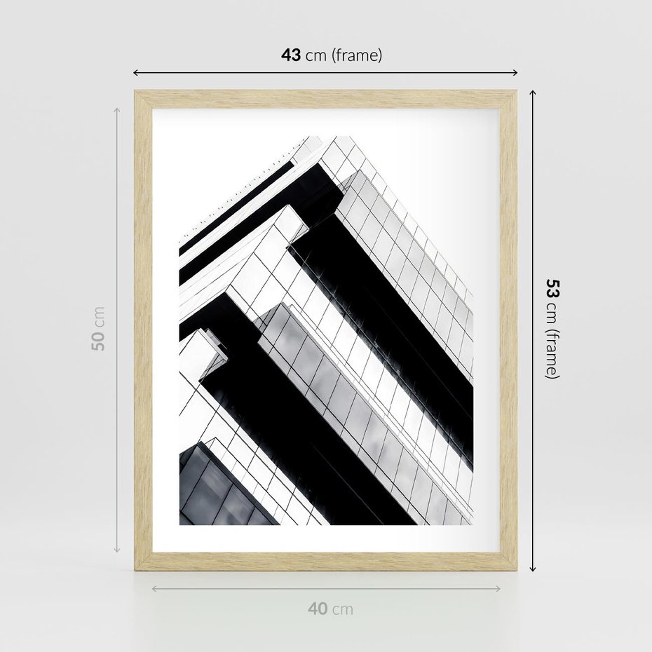 Plakat w ramie 40x50 - Nowoczesna Surowość: Wieżowiec na Czarno-Białej Grafice - architektura, wieżowiec - rama drewno