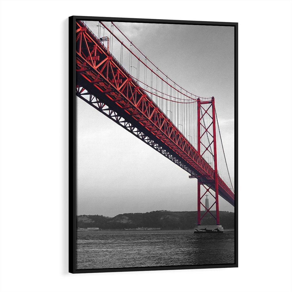 Obraz w ramie 50x70 - Majestatyczny Most - czarno biała fotografia, czerwony stalowy most nad rzeką - rama czarna