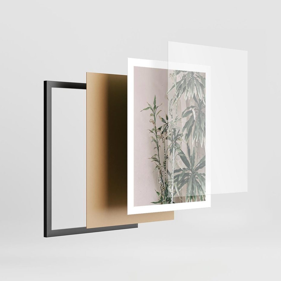 Plakat w ramie 50x70 - Egzotyczna Kompozycja - liście, rośliny tropikalne na tle ściany - rama czarna