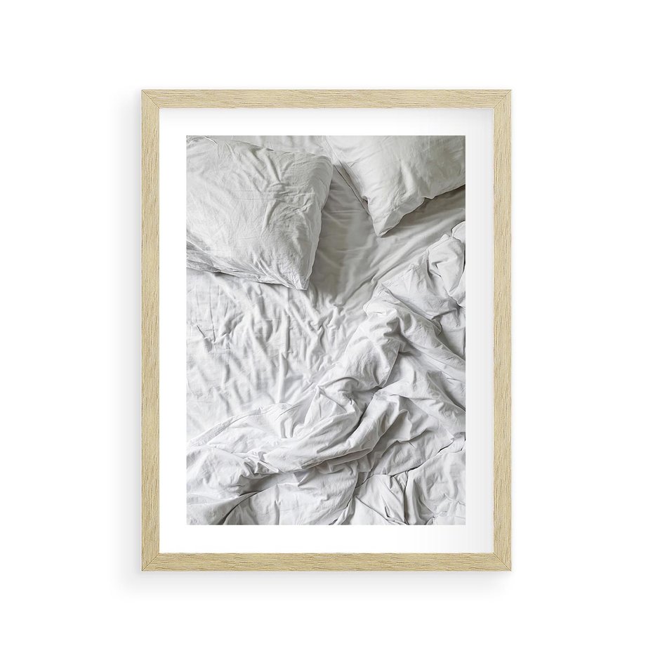 Plakat w ramie 30x40 - Biała Pościel na Łóżku - biała pościel, łóżko - rama drewno
