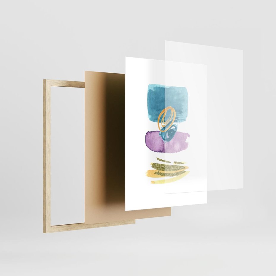 Plakat w ramie 50x70 - Taniec Akwarelowych Kresek - akwarelowe plamy w odcieniach błękitu, złote kreski - rama drewno