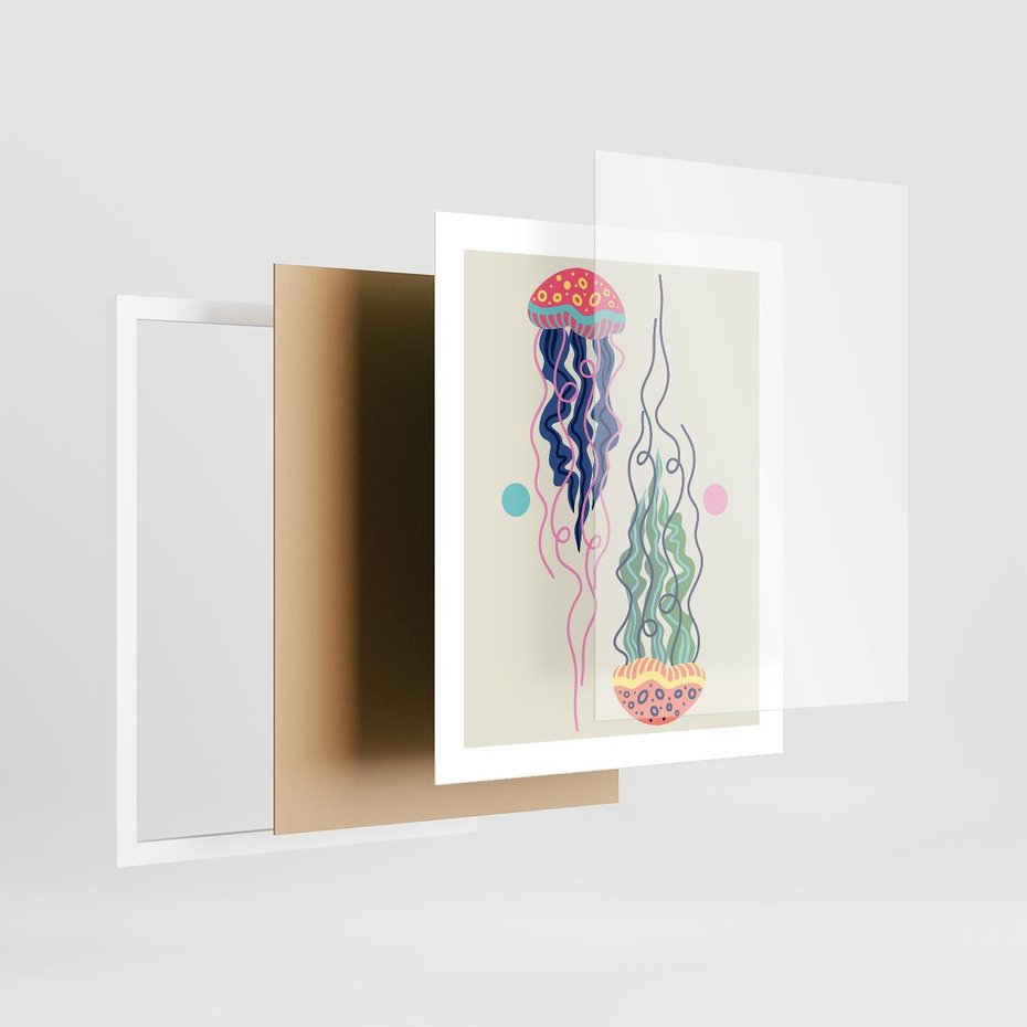 Plakat w ramie 40x50 - Morskie Pulsacje - nowoczesny optymistyczny plakat, kolorowe meduzy - rama biała