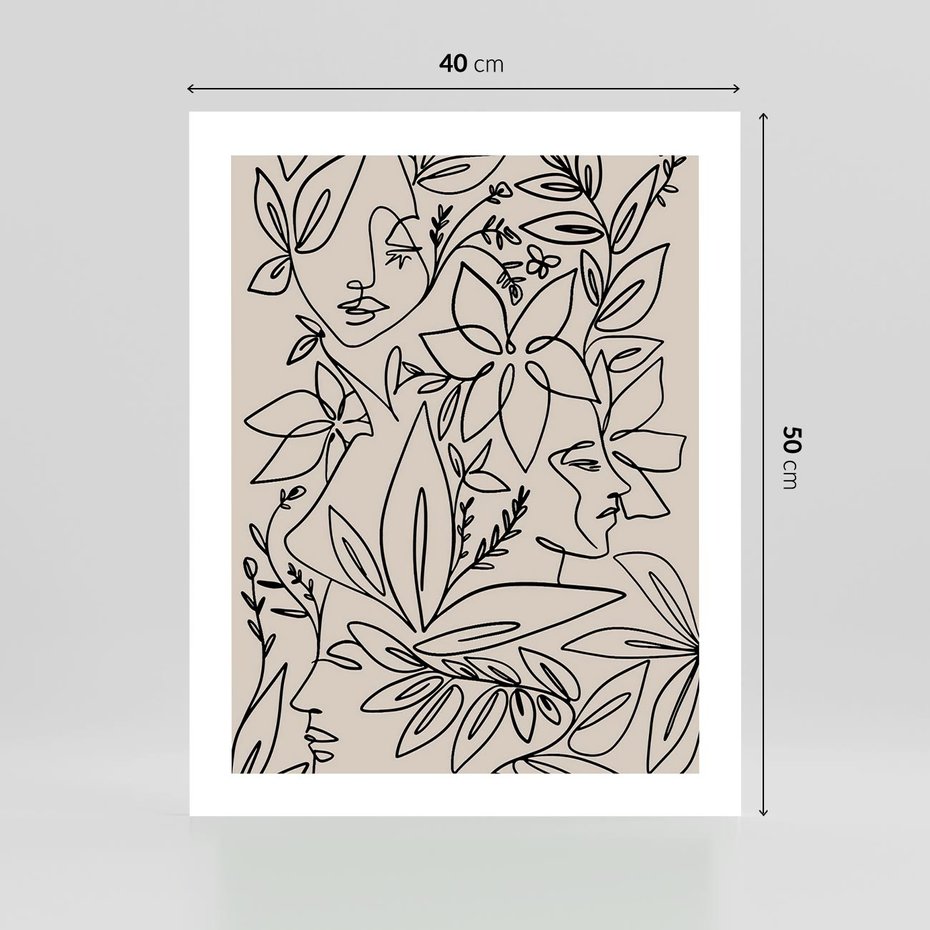 Plakat bez ramy 40x50 - Kobiecy Portret Duszy - beżowe tło, czarny szkic nowoczesnych kwiatów