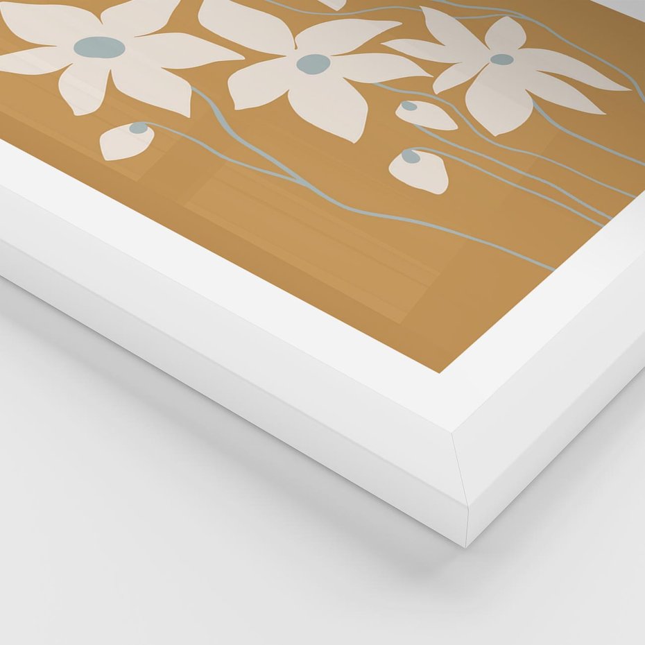 Plakat w ramie 30x40 - Kwiatowy Spektakl - minimalistyczne kwiaty, na pomarańczowym tle - rama biała