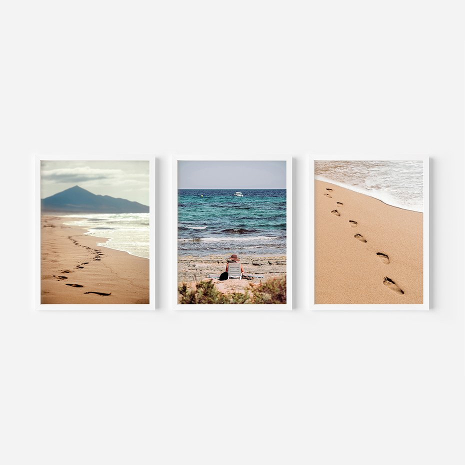 Zestaw obrazy w ramie 30x40 galeria - Plaża, zachód, słońca, ślady - rama biała