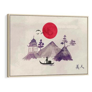 Obraz w ramie 70x50 - Odbicie Słońca - japońska sztuka, akwarela - rama drewno