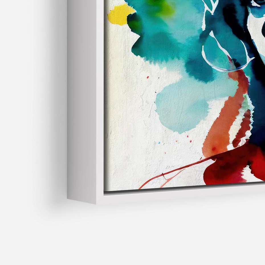 Obraz w ramie 70x50 - Abstrakcyjna ekstaza barw - abstrakcyjny portret kobiety, szkic czarną kreską - rama biała