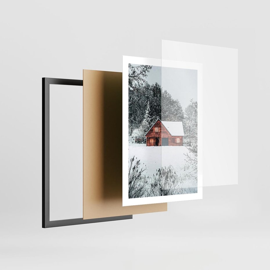 Plakat w ramie 50x70 - Domek w Górach Pokryty Śniegiem - domek w górach, śnieg - rama czarna