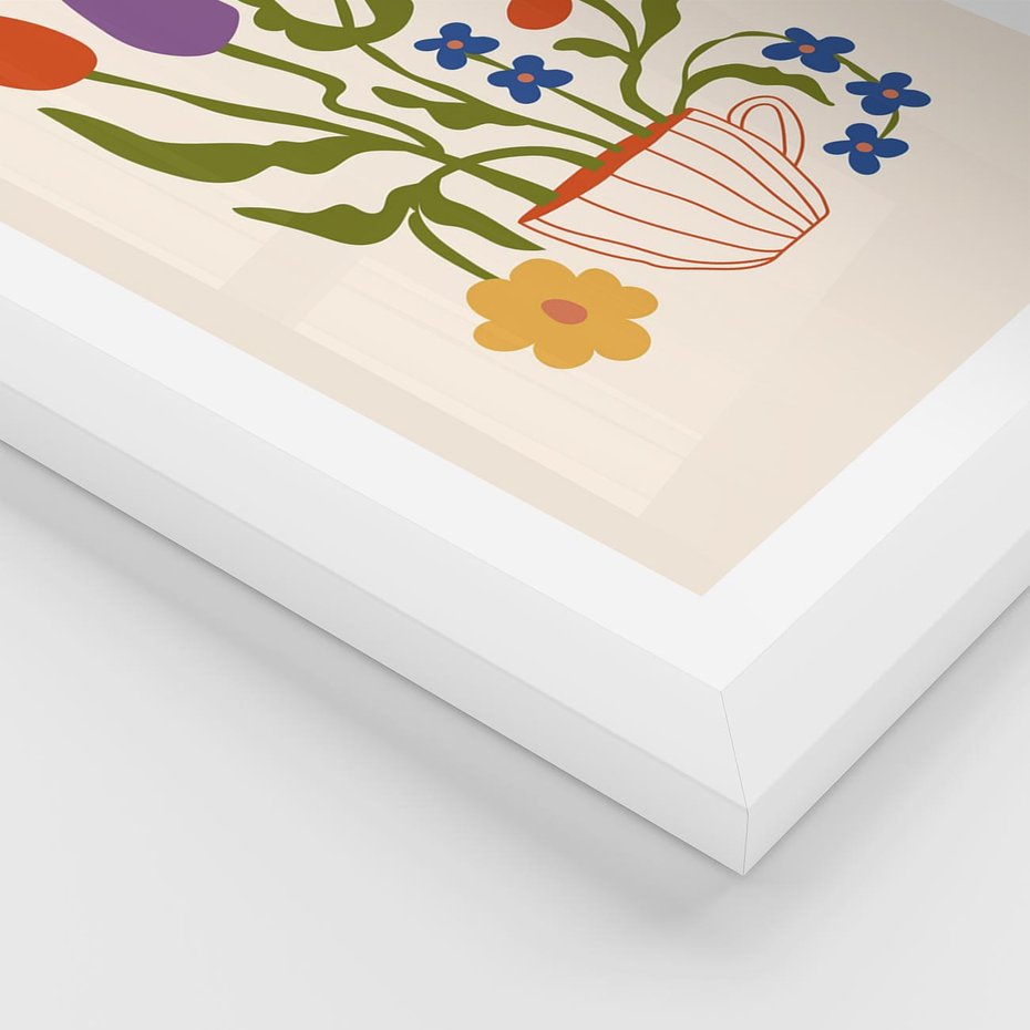 Plakat w ramie 40x50 - Kolorowe Granice - kwiaty w filizance, abstrakcja - rama biała