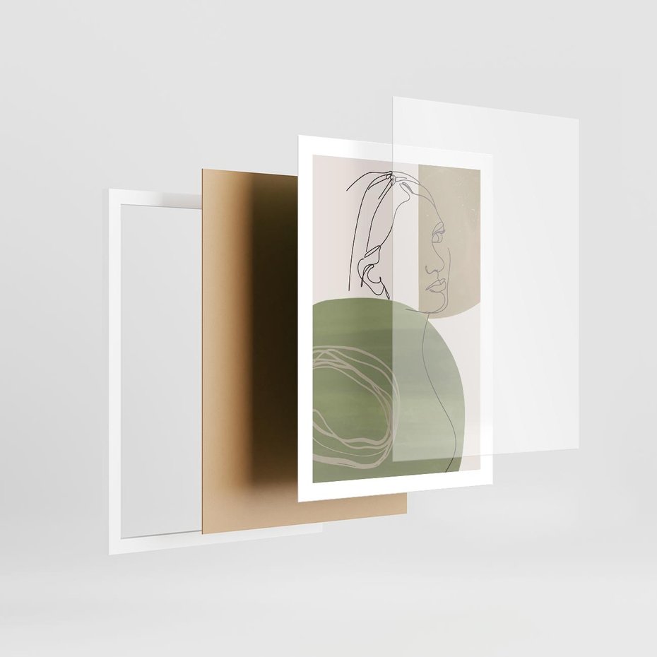 Plakat w ramie 50x70 - Jedna Linia, Wiele Emocji - akwarelowe plamy, na nich szkic postaci kobiety jedną linią - rama biała