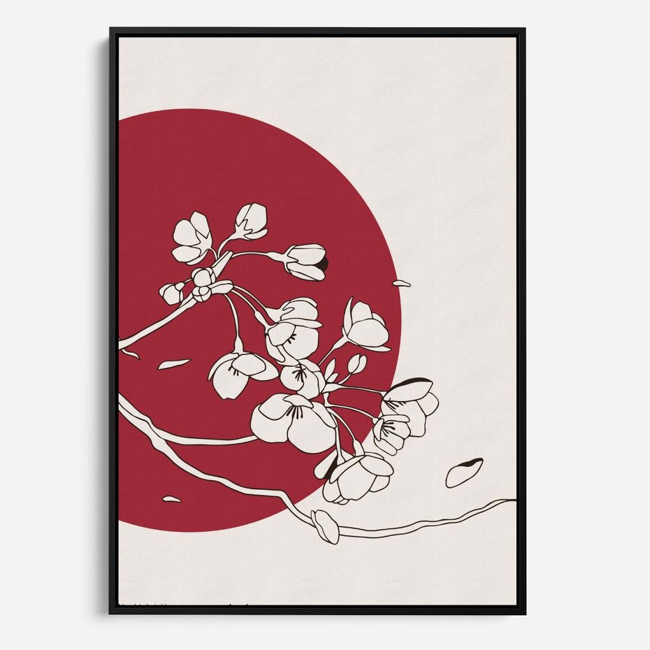Obraz w ramie 70x100 - Esencja Zen - kwiatnąca wiśnia, orientalna grafika - rama czarna