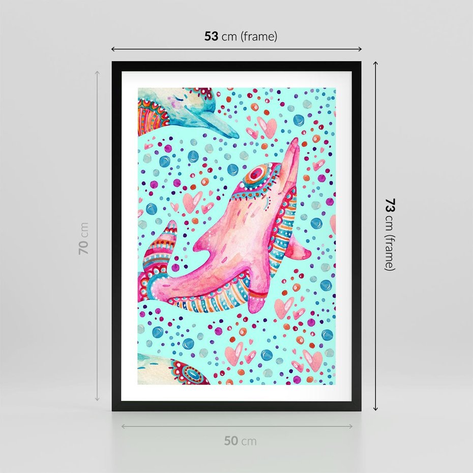 Plakat w ramie 50x70 - Lekkość W Ruchu - delfin, akwarela - rama czarna