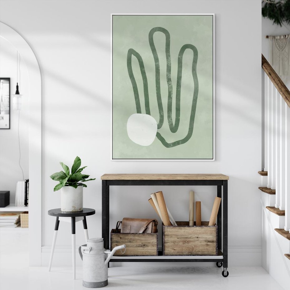 Obraz w ramie 80x120 - Spokojne Kształty Natury - zielona abstrakcja, zgaszona zieleń - rama biała