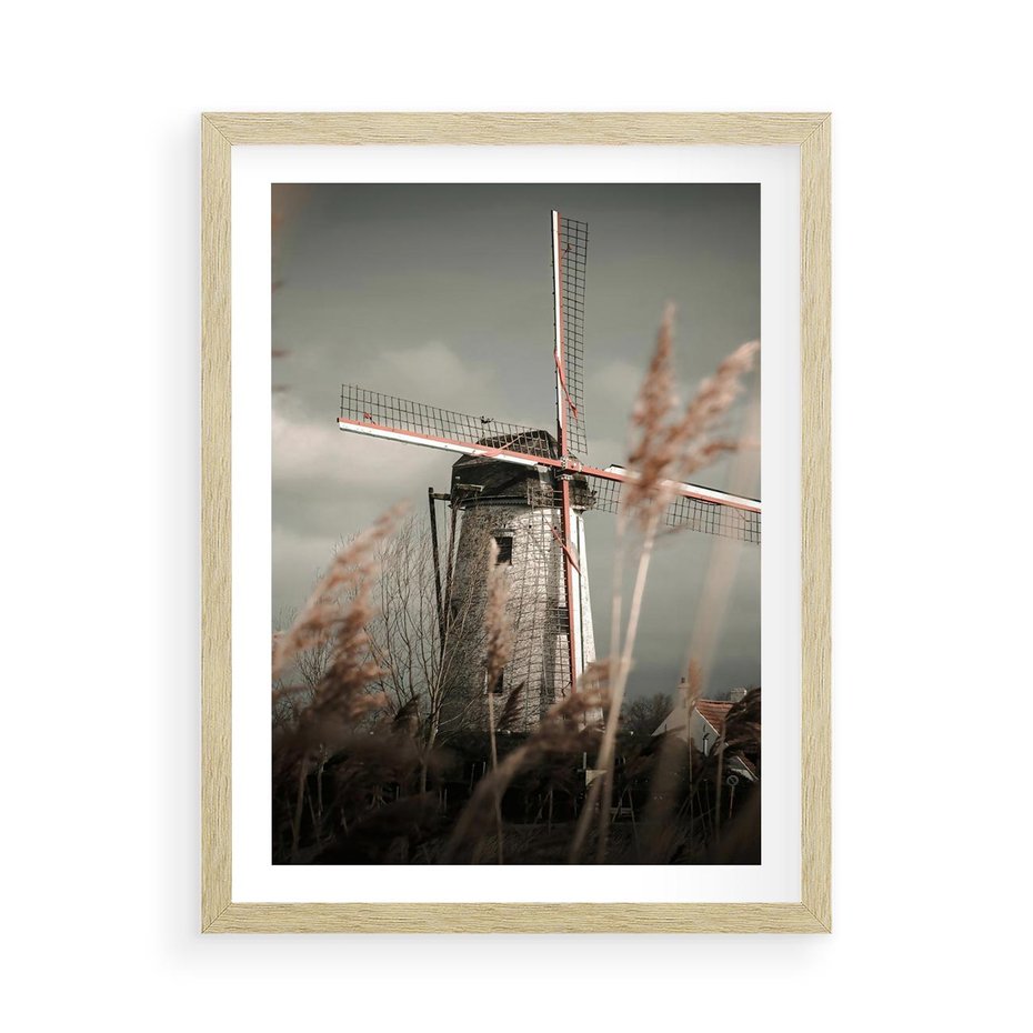 Plakat w ramie 50x70 - Wiejska Idylla: Młyn w Polu - wiatrak, młyn w polu - rama drewno