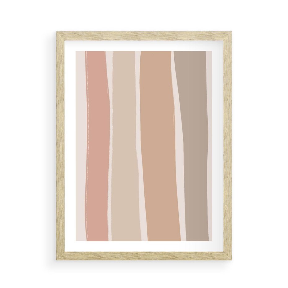 Plakat w ramie 50x70 - Tęczowa Zgaszona Aura - abstakcyjne tęczowe pasy, delikatne odcienie beżu - rama drewno
