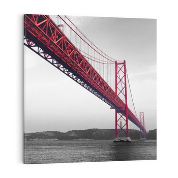 Obraz na płótnie 40x40 - Majestatyczny Most - czarno biała fotografia, czerwony stalowy most nad rzeką
