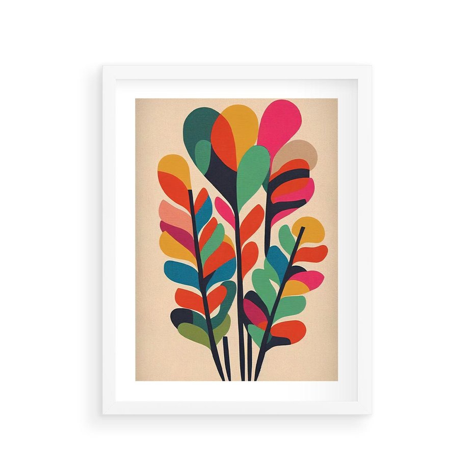 Plakat w ramie 30x40 - Symfonia Wzrokowych Impresji - abstrakcyjny kolorowy tęczowy obraz, inspiracje roślinne - rama biała