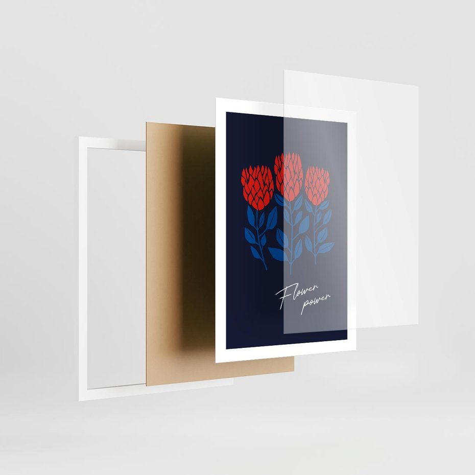 Plakat w ramie 50x70 - Podróżne Barwy - czerwone abstrakcyjne kwiaty, granatowe tło - rama biała