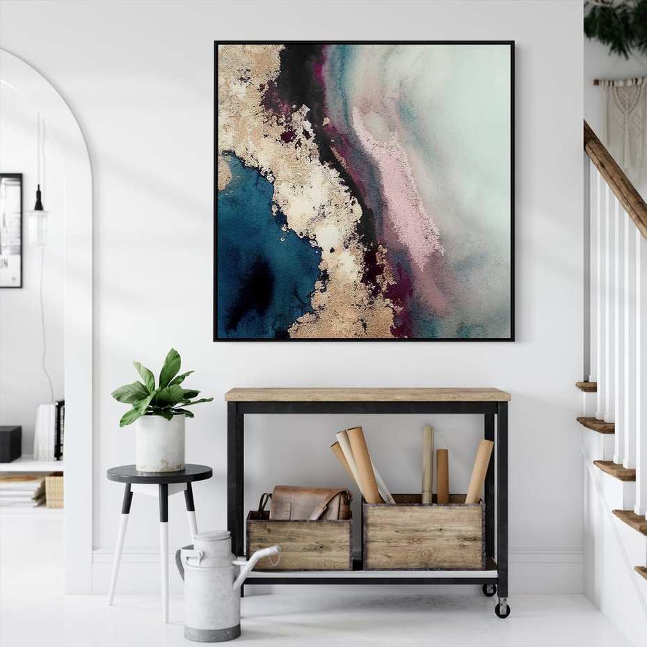 Obraz w ramie 50x50 - Elegancki Impuls - abstrakcyjne plamy, rozlana farba - rama czarna