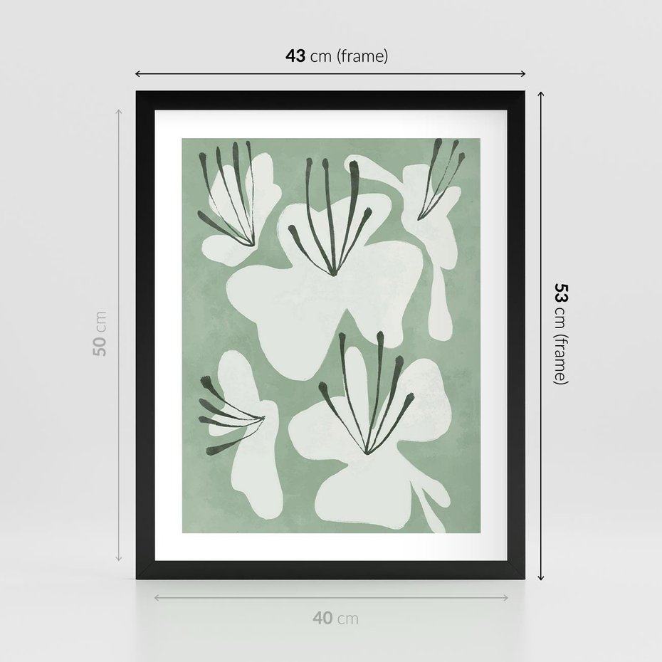 Plakat w ramie 40x50 - Rozkwitające Ukojenie - zgaszona zieleń, kwiaty - rama czarna